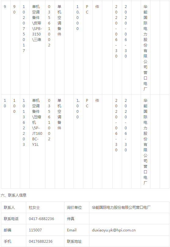 華能國際電力公司營口電廠壓縮機(jī)備件詢價(jià)