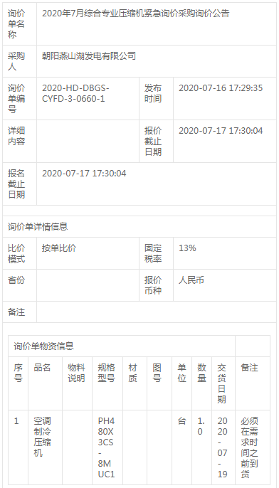 2020年7月綜合專業(yè)壓縮機緊急詢價采購詢價公告