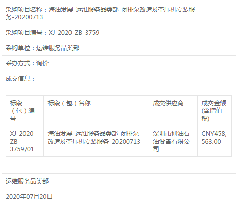 海油發展運維服務品類部閉排泵改造及空壓機采購結果