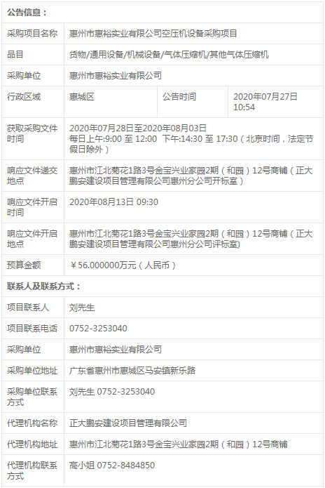 惠州市惠裕實業(yè)空壓機設(shè)備采購項目競爭性磋商公告