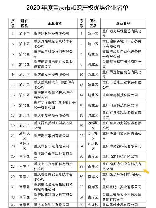 鮑斯凈化獲批“重慶知識產權優勢企業”稱號